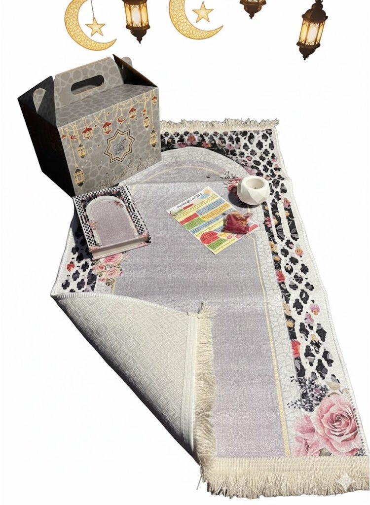 Luxury Ramadan Gift Box Made of Velvet Fabric – Grey – “Tahadoo Tahaboo” Printed – Includes Prayer Mat, Incense Burner, Quran, Azkar Book & Incense - Image 1